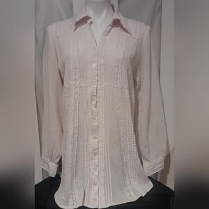 American South Side White Long Button Up Blouse / Tunic with Lace Inserts, Sz LG